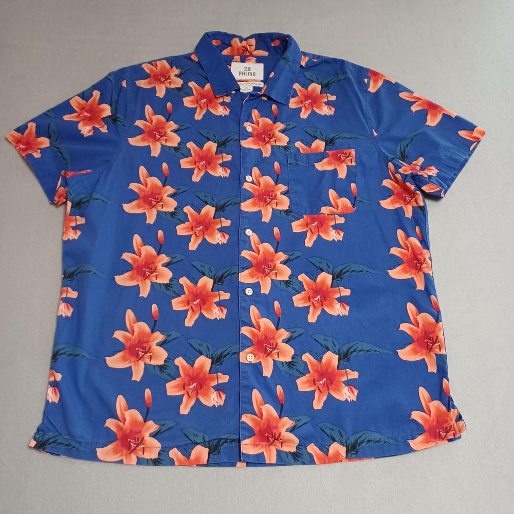28 Palms Mens Hawaiian Shirt Large Blue Orange Lily Floral Tropical Button‎ Down